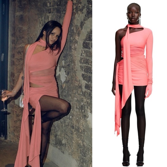 NEW! Mugler x H&M- Collector’s Edition Knot-Detail One-Shoulder Dress Pink M - Picture 1 of 16